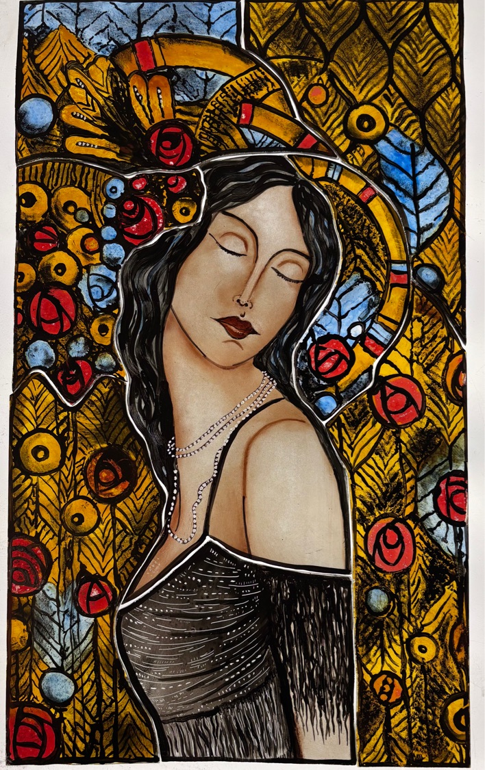Art Nouveau-style painted portrait of a woman with dark hair and closed eyes, surrounded by red roses, blue spheres, and golden foliage
